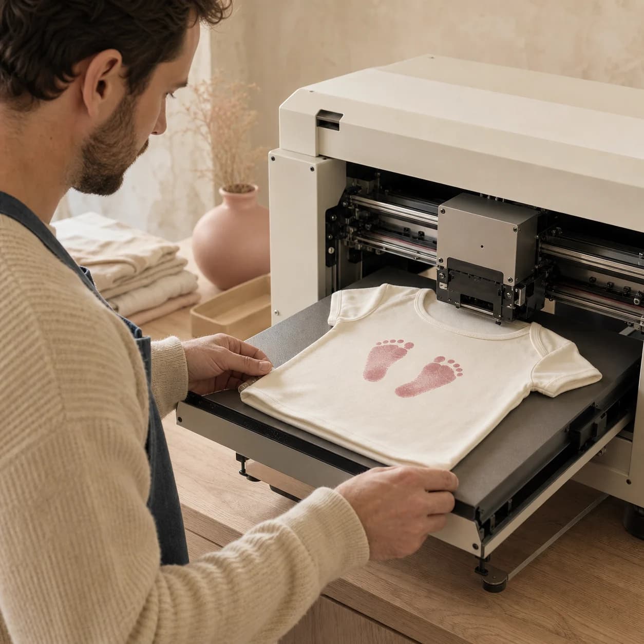 A print operator making a baby footprint T-shirt with an industrial garment printer