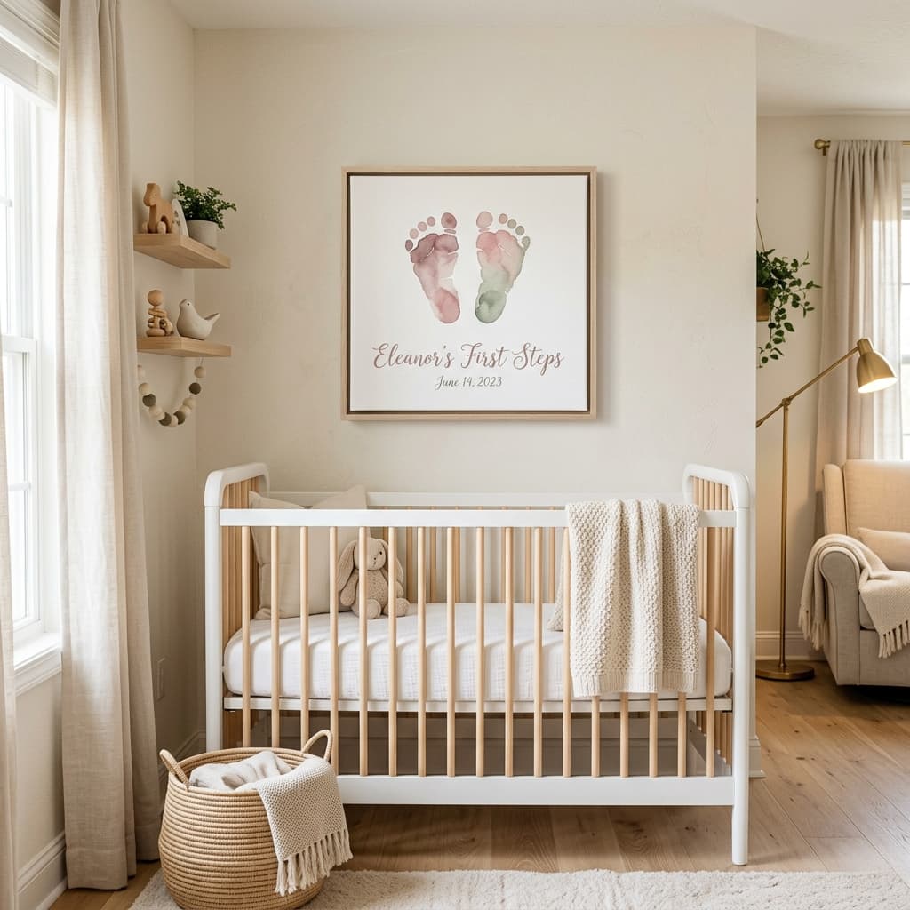Canvas print with baby footprint hung above a console table