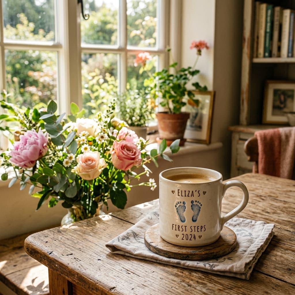 Keepsake mug with footprint on a kitchen counter